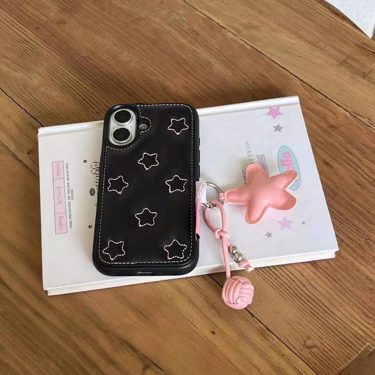 Leather Embossed Star Pattern Case For iPhone With Star Charm