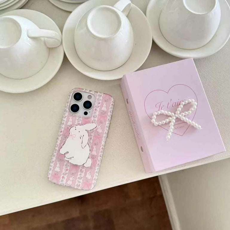 Cute Bunny Strips Silicon iPhone Case With Bunny Holder