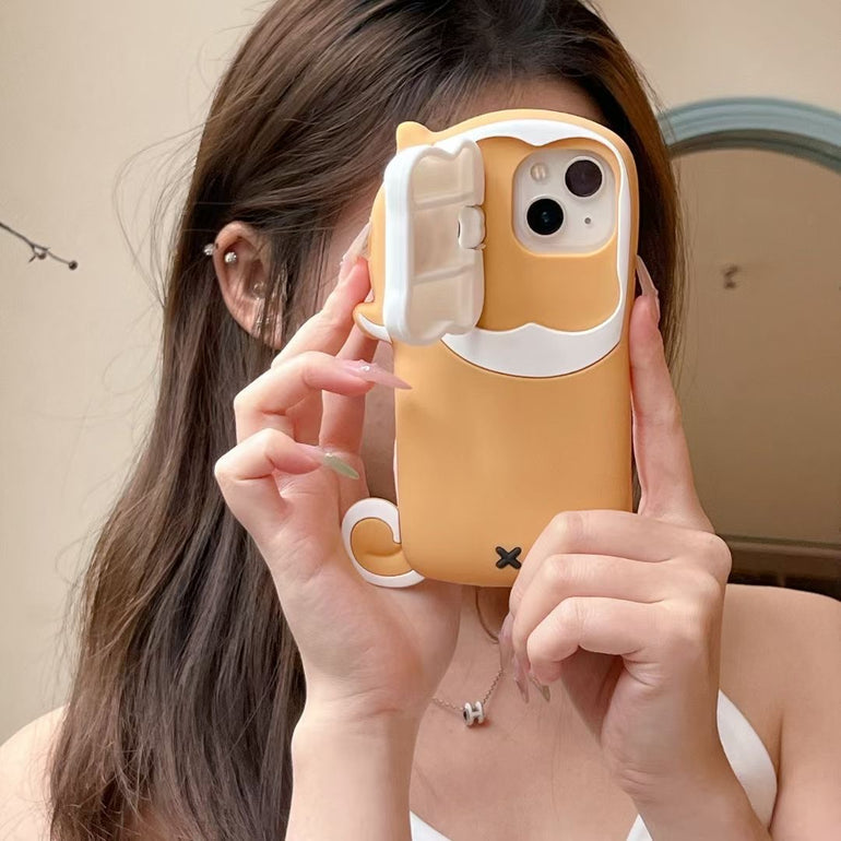 Cute Dog Bite Silicone iPhone Case with 3D Bone Stand – Brown Puppy Design