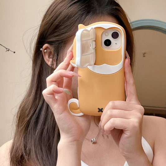 Cute Dog Bite Silicone iPhone Case with 3D Bone Stand – Brown Puppy Design