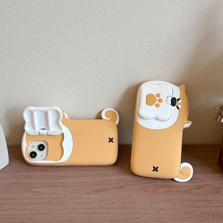 Cute Dog Bite Silicone iPhone Case with 3D Bone Stand – Brown Puppy Design