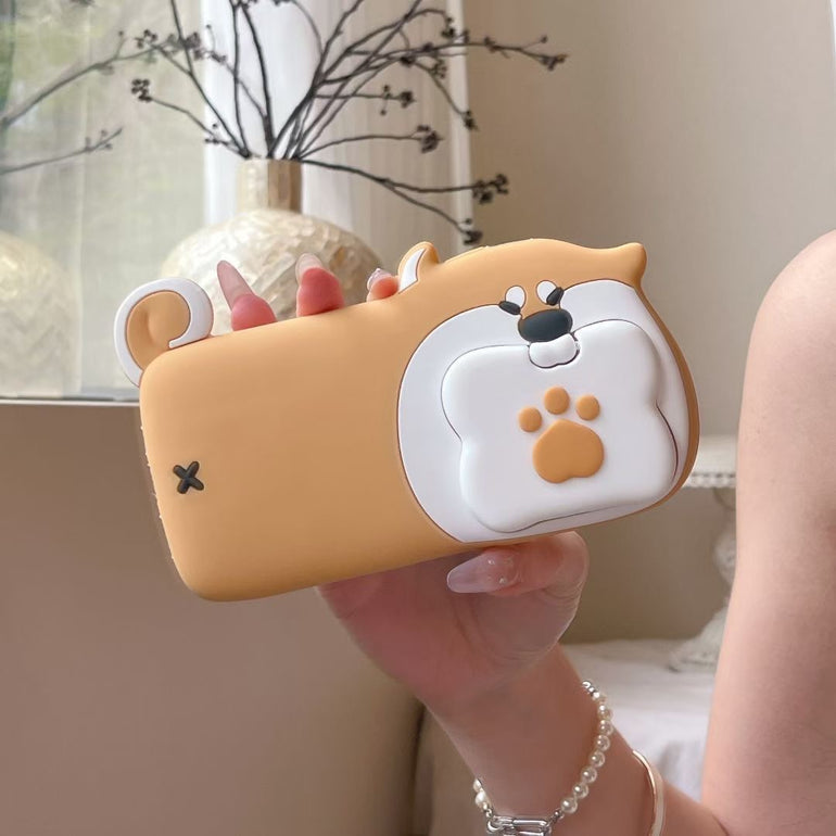 Cute Dog Bite Silicone iPhone Case with 3D Bone Stand – Brown Puppy Design