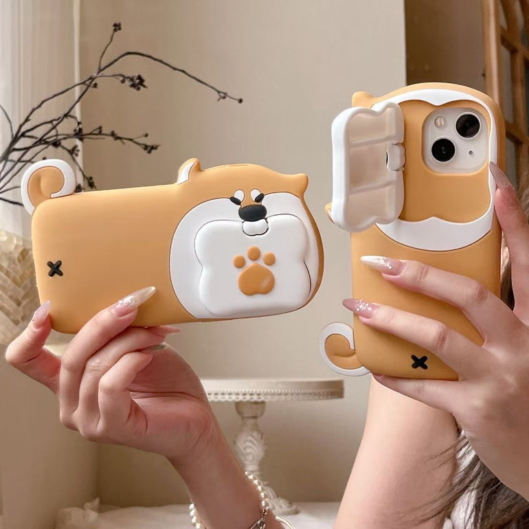 Cute Dog Bite Silicone iPhone Case with 3D Bone Stand – Brown Puppy Design