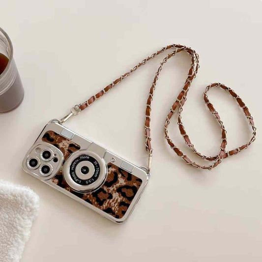 Luxury Leapord Silicon 3D Camera Style iPhone Case With Long Sling Chain