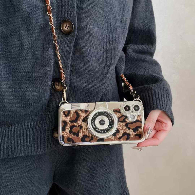 Luxury Leapord Silicon 3D Camera Style iPhone Case With Long Sling Chain