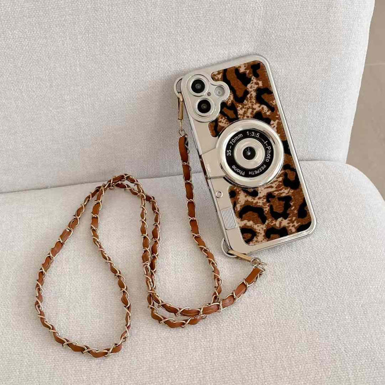 Luxury Leapord Silicon 3D Camera Style iPhone Case With Long Sling Chain