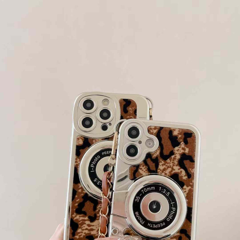 Luxury Leapord Silicon 3D Camera Style iPhone Case With Long Sling Chain