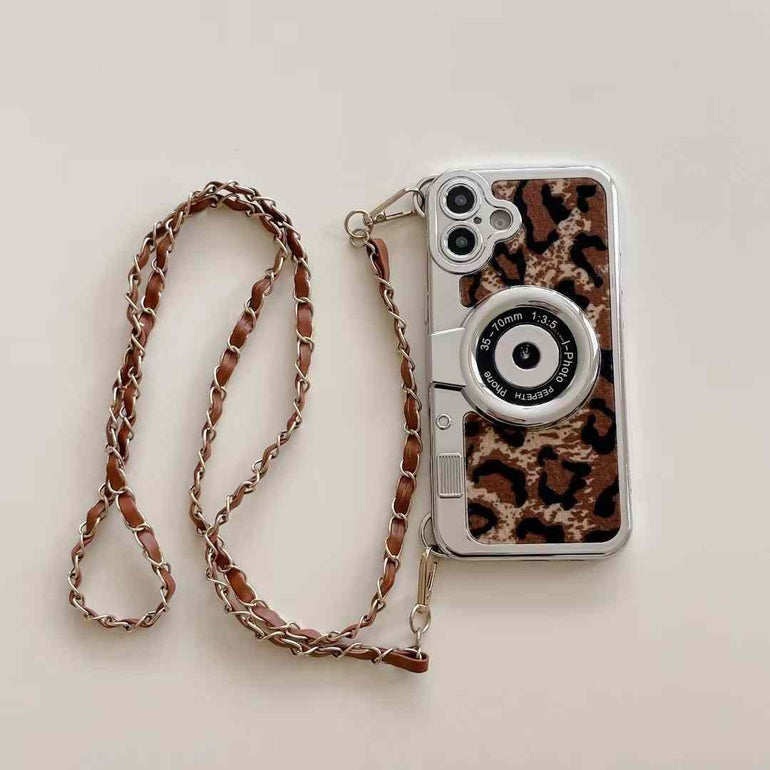 Luxury Leapord Silicon 3D Camera Style iPhone Case With Long Sling Chain