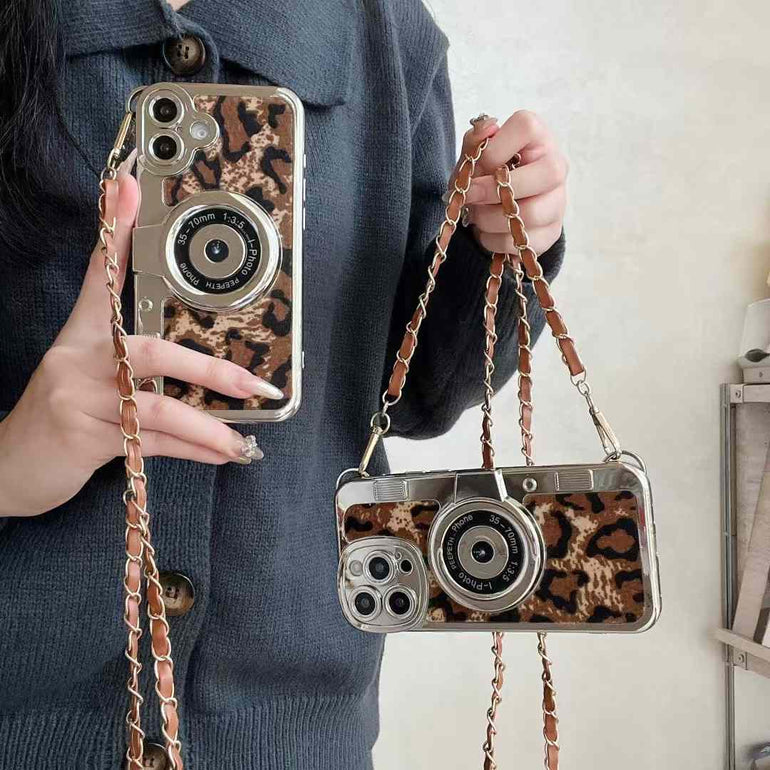 Luxury Leapord Silicon 3D Camera Style iPhone Case With Long Sling Chain