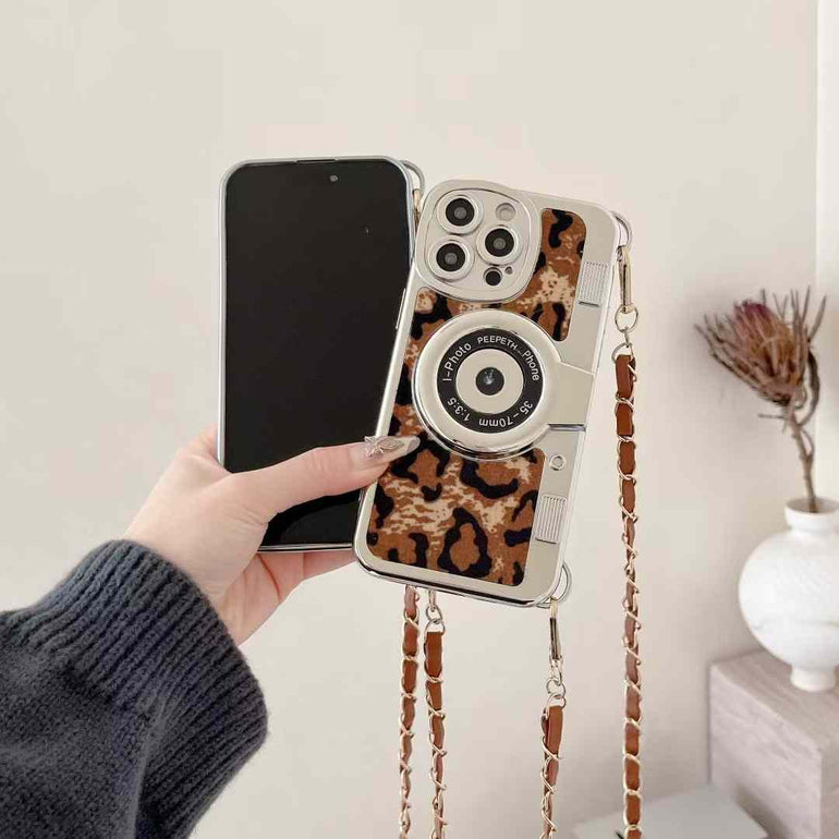 Luxury Leapord Silicon 3D Camera Style iPhone Case With Long Sling Chain