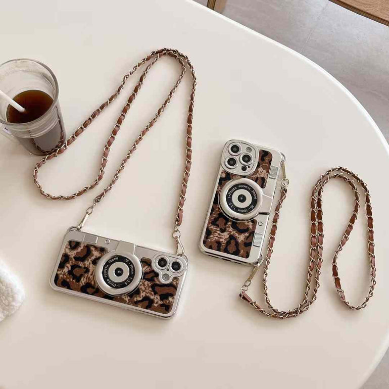 Luxury Leapord Silicon 3D Camera Style iPhone Case With Long Sling Chain