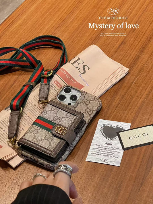 Luxury Branded Leather Wallet iPhone Case With Sling