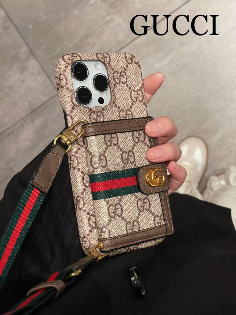 Luxury Branded Leather Wallet iPhone Case With Sling