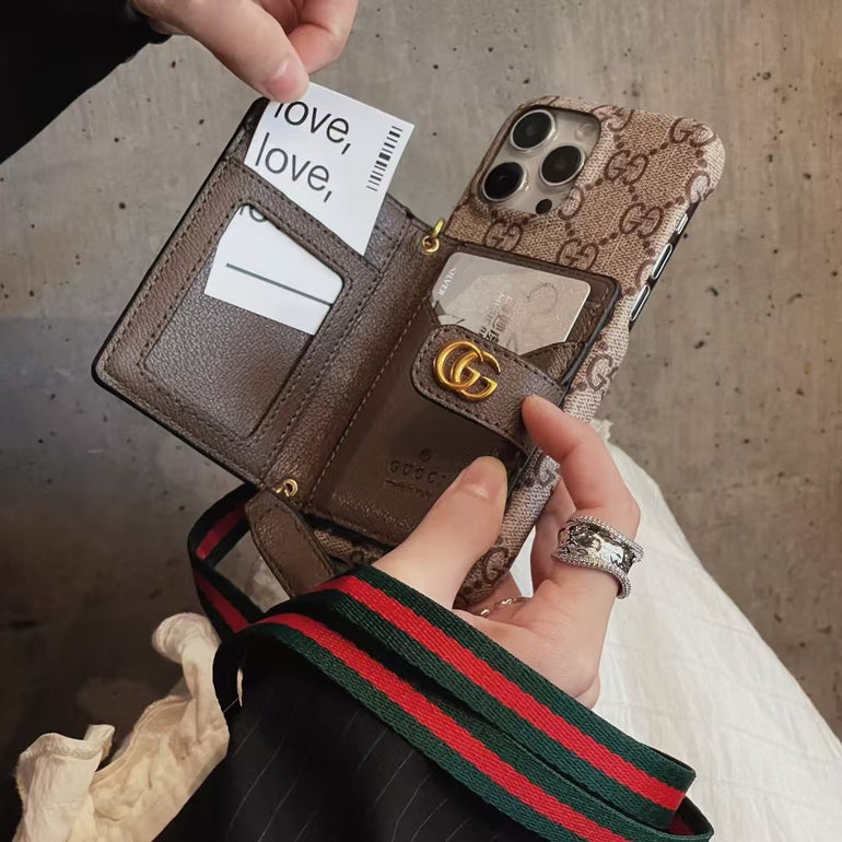 Luxury Branded Leather Wallet iPhone Case With Sling