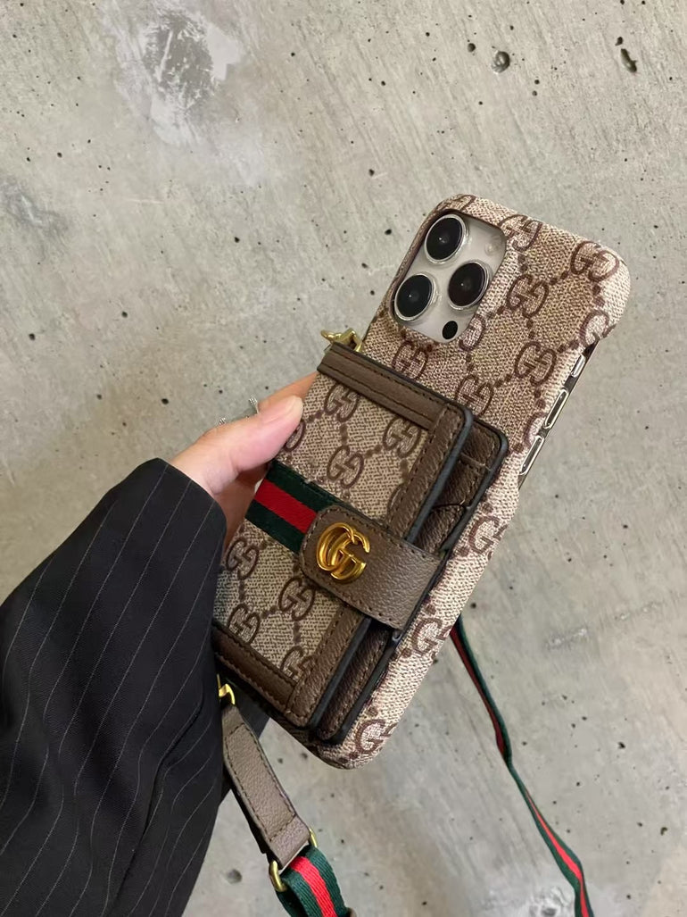 Luxury Branded Leather Wallet iPhone Case With Sling