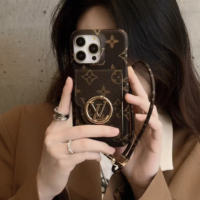 Luxury Branded Leather Wallet Case For iPhone With Sling