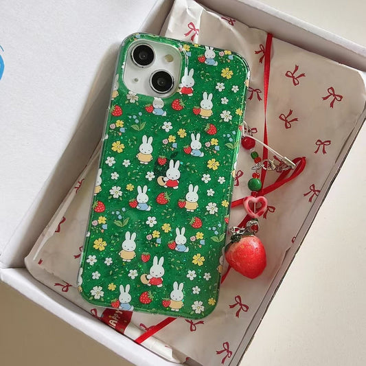 Bunny Strawberry Silicon Case For iPhone With Strawberry Charm