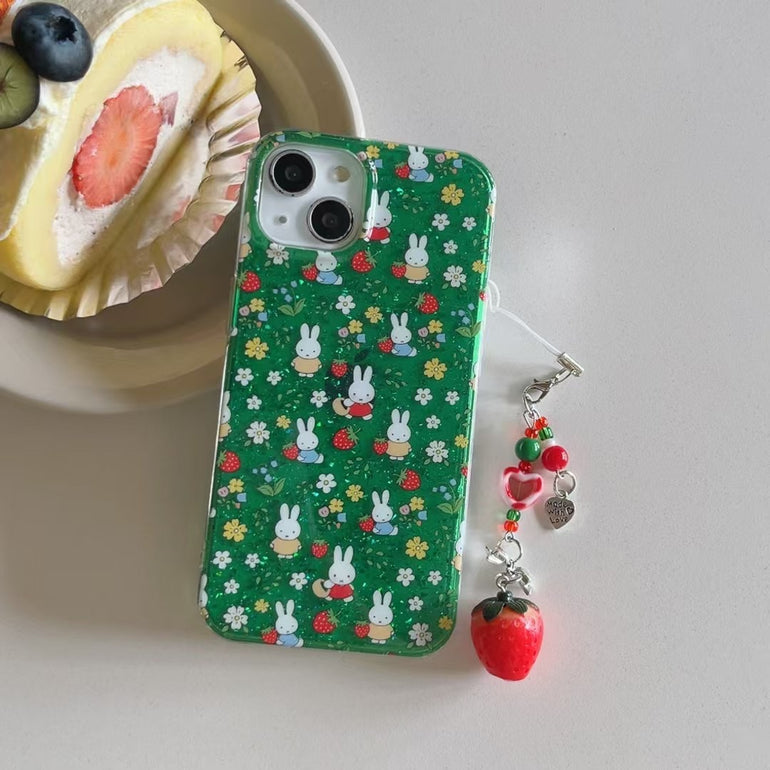 Bunny Strawberry Silicon Case For iPhone With Strawberry Charm