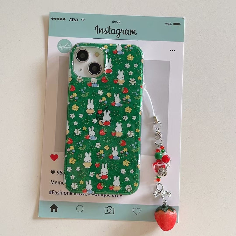 Bunny Strawberry Silicon Case For iPhone With Strawberry Charm
