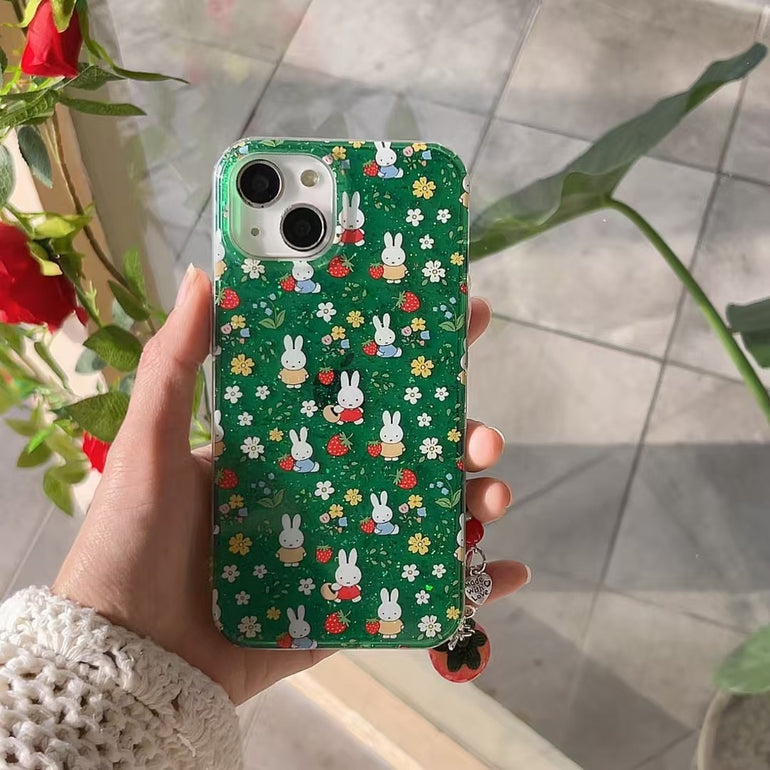 Bunny Strawberry Silicon Case For iPhone With Strawberry Charm