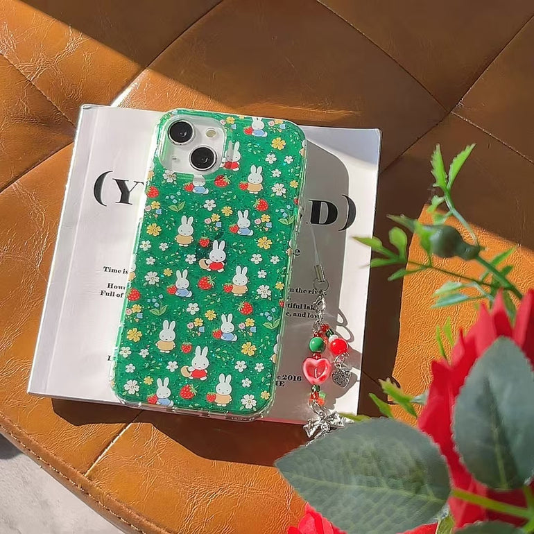 Bunny Strawberry Silicon Case For iPhone With Strawberry Charm
