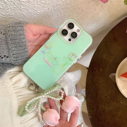 Flower Drawing Silicon Case For iPhone With Bow Beaded Charm