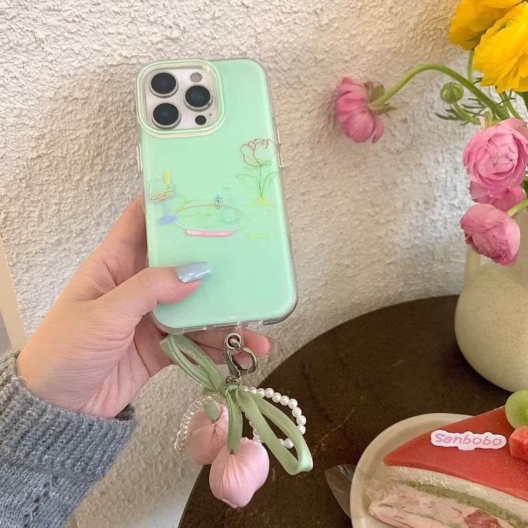 Flower Drawing Silicon Case For iPhone With Bow Beaded Charm
