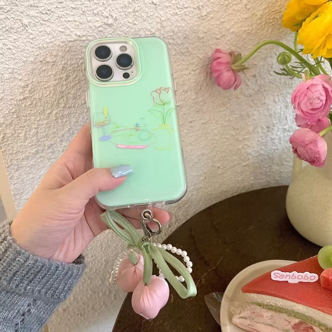 Flower Drawing Silicon Case For iPhone With Bow Beaded Charm