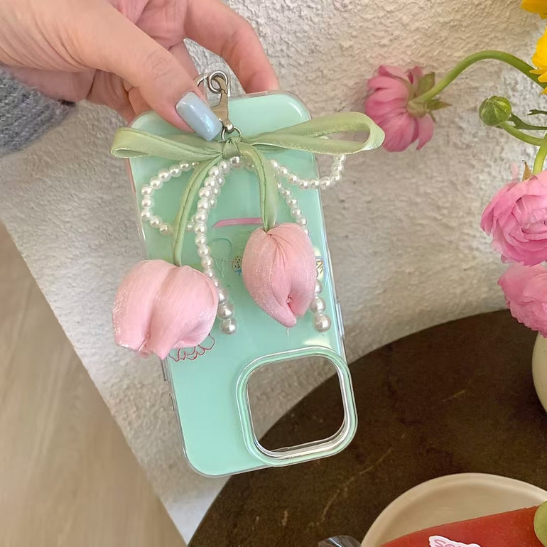 Flower Drawing Silicon Case For iPhone With Bow Beaded Charm