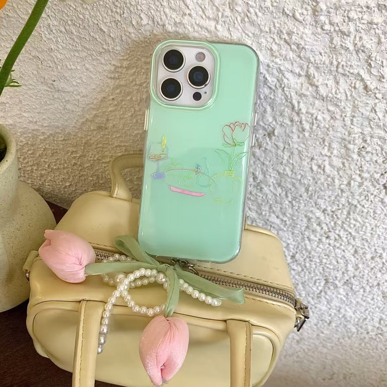 Flower Drawing Silicon Case For iPhone With Bow Beaded Charm