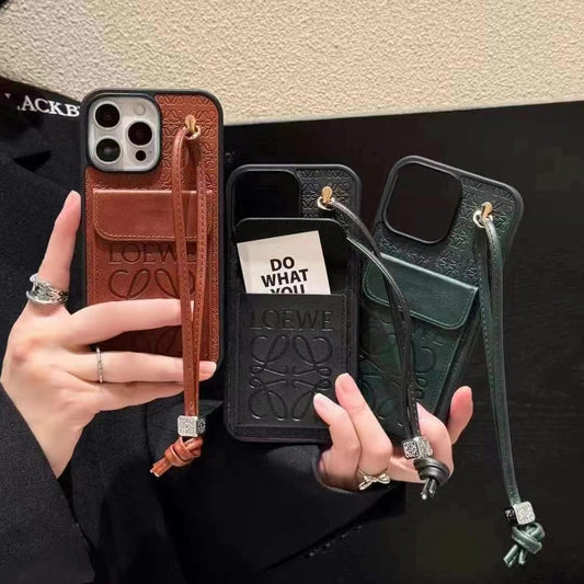 Luxury Branded Leather Wallet Case For iPhone With String Holder