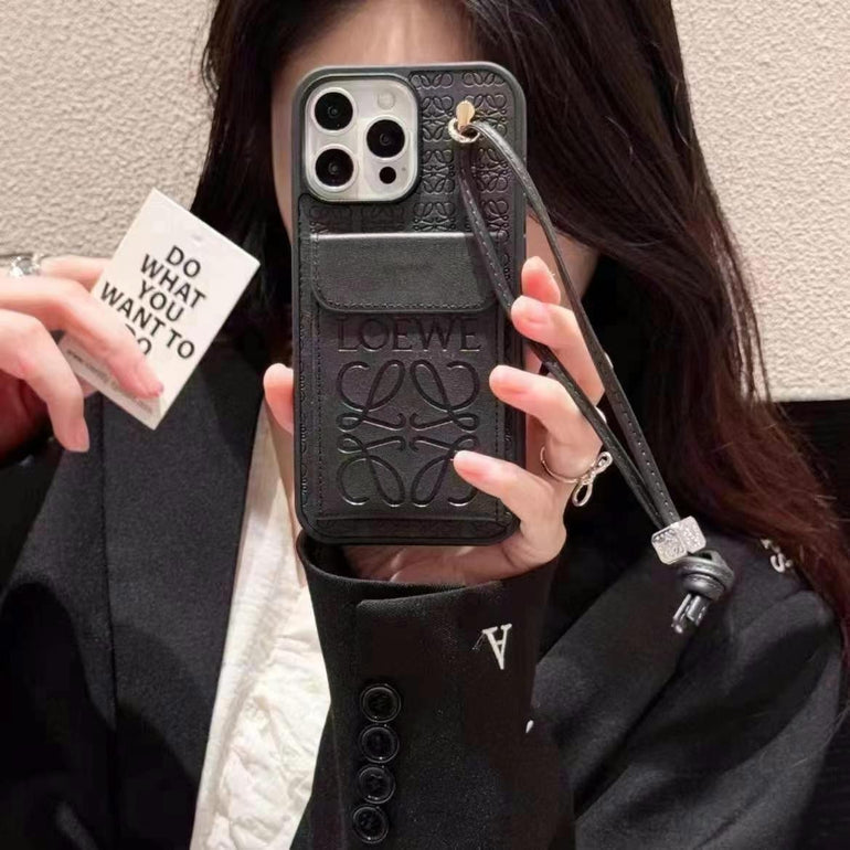 Luxury Branded Leather Wallet Case For iPhone With String Holder