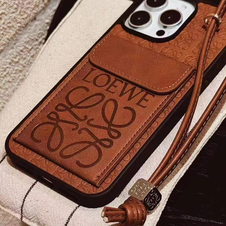 Luxury Branded Leather Wallet Case For iPhone With String Holder