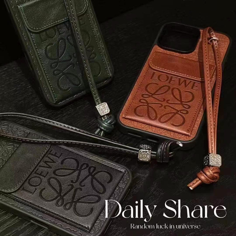 Luxury Branded Leather Wallet Case For iPhone With String Holder