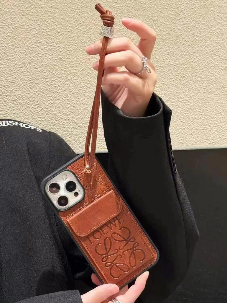 Luxury Branded Leather Wallet Case For iPhone With String Holder