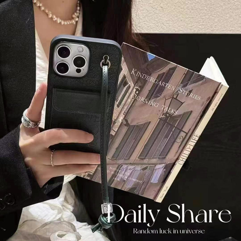 Luxury Branded Leather Wallet Case For iPhone With String Holder