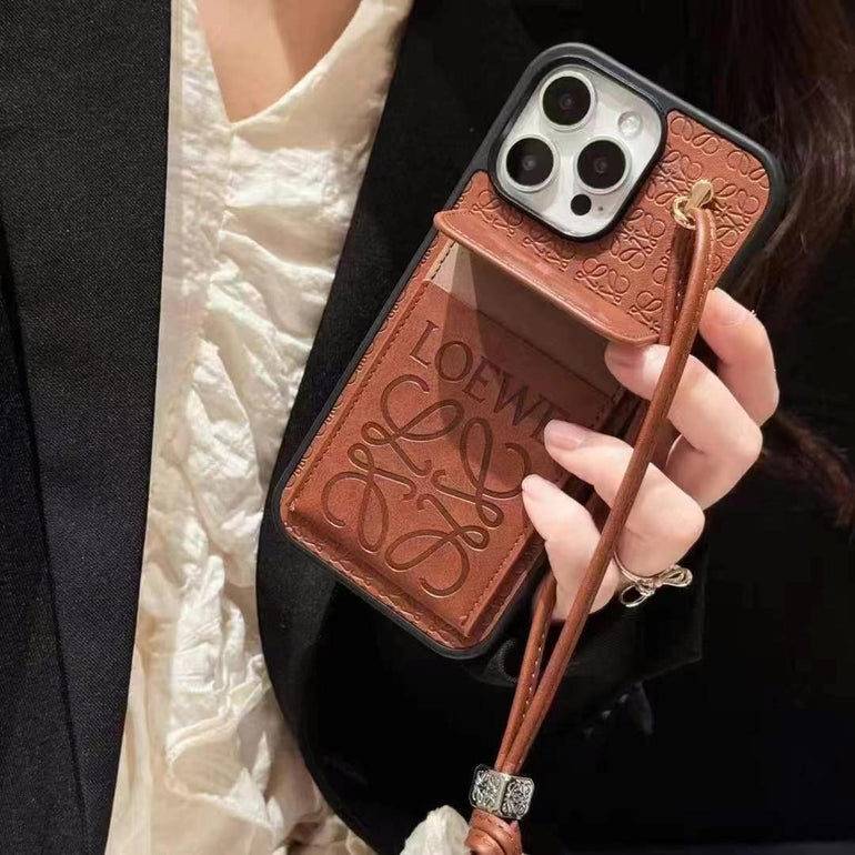 Luxury Branded Leather Wallet Case For iPhone With String Holder
