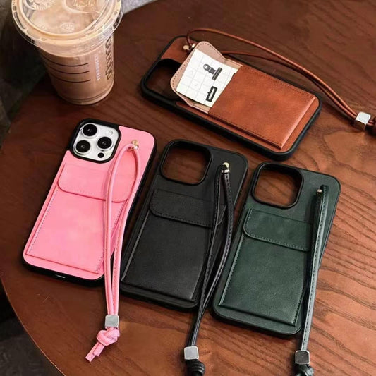 Leather Wallet Case For iPhone With String Holder