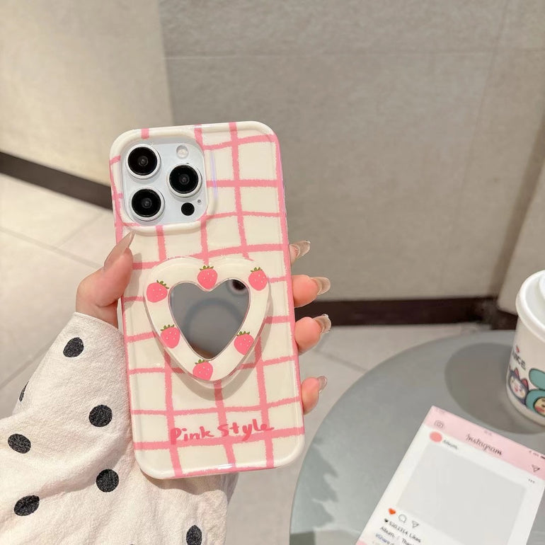 Check Designer Case For iPhone With Heart Mirror Holder