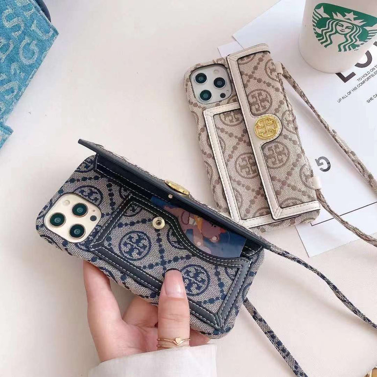 Luxury Branded Wallet Style Case for iPhone With Sling Holder