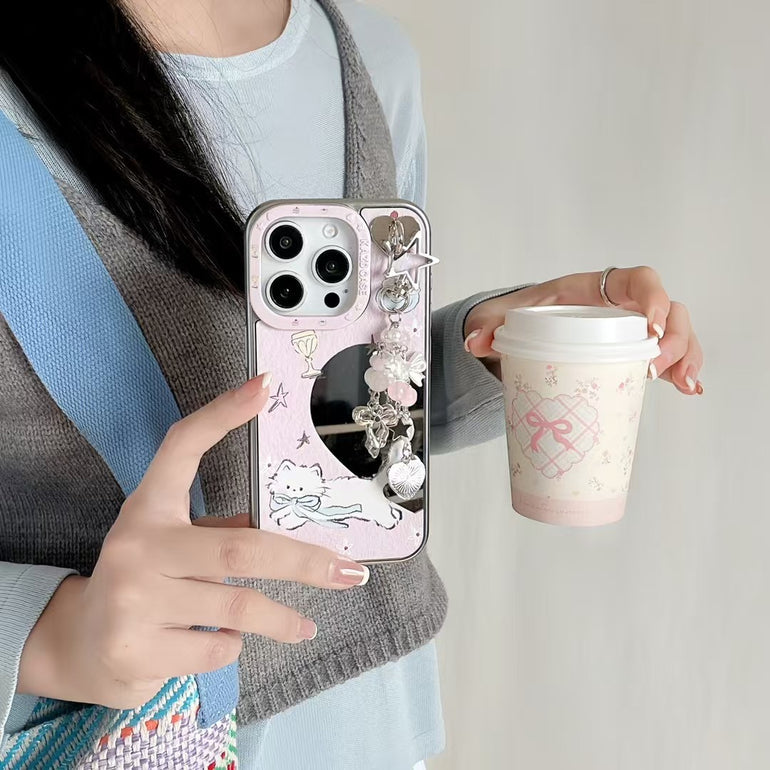 Cute Cat & Dog Mirror Case For iPhone With Charm