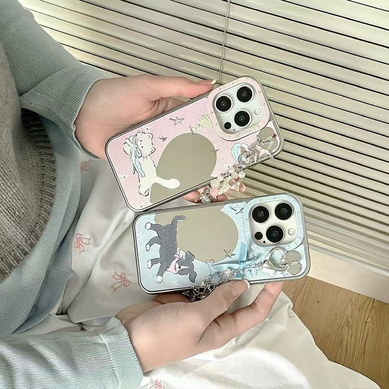 Cute Cat & Dog Mirror Case For iPhone With Charm