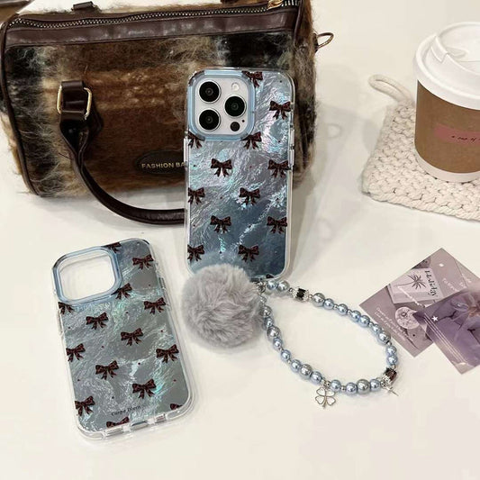 Holographic Bow Pattern Silicon iPhone Case With Rhinestone Charm