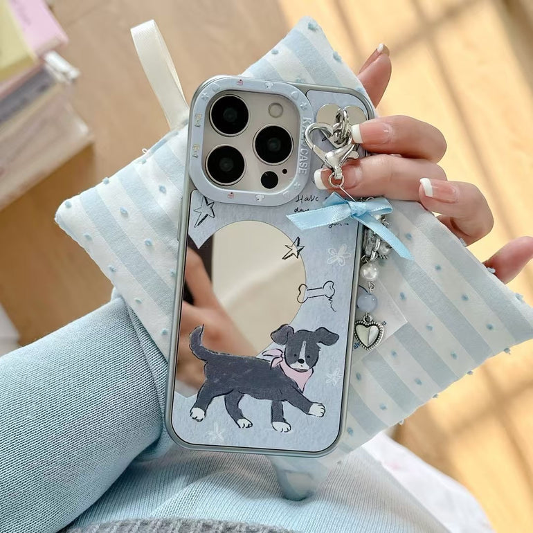 Cute Cat & Dog Mirror Case For iPhone With Charm