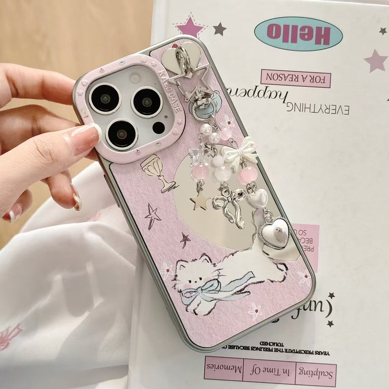 Cute Cat & Dog Mirror Case For iPhone With Charm