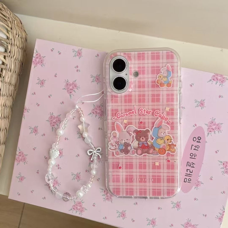 Checkered Cartoon Silicon Case For iPhone With Charm