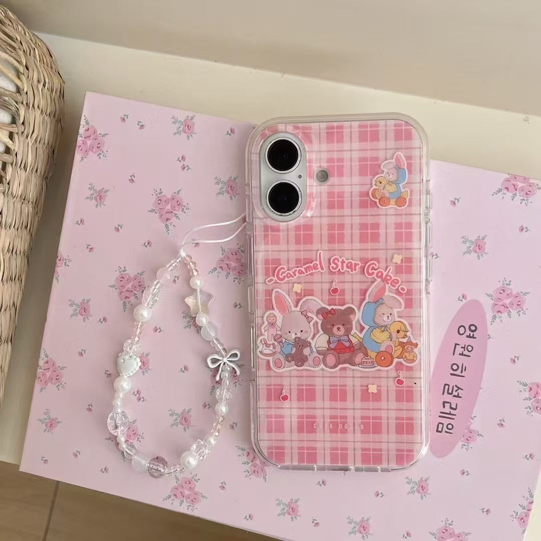 Checkered Cartoon Silicon Case For iPhone With Charm