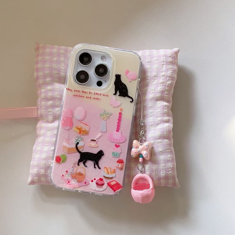 Kitten's Birthday Silicon Case For iPhone With Basket Charm