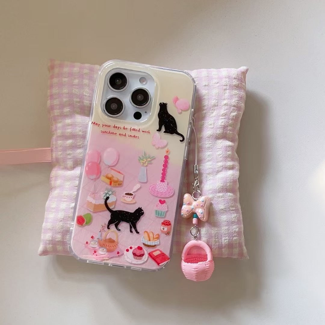 Kitten's Birthday Silicon Case For iPhone With Basket Charm