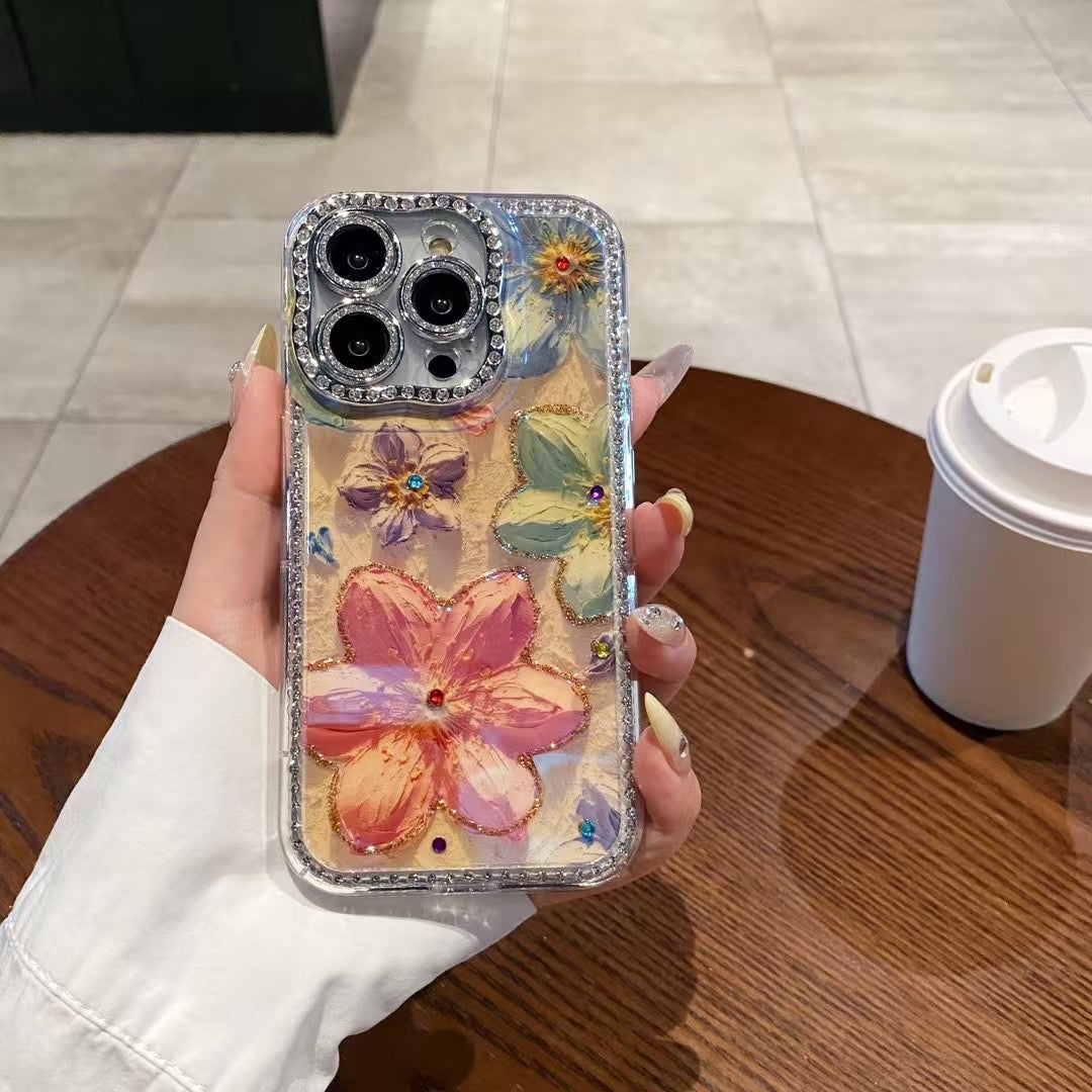 3D Floral Embossed iPhone Cases With Rhinestone Camera Ring